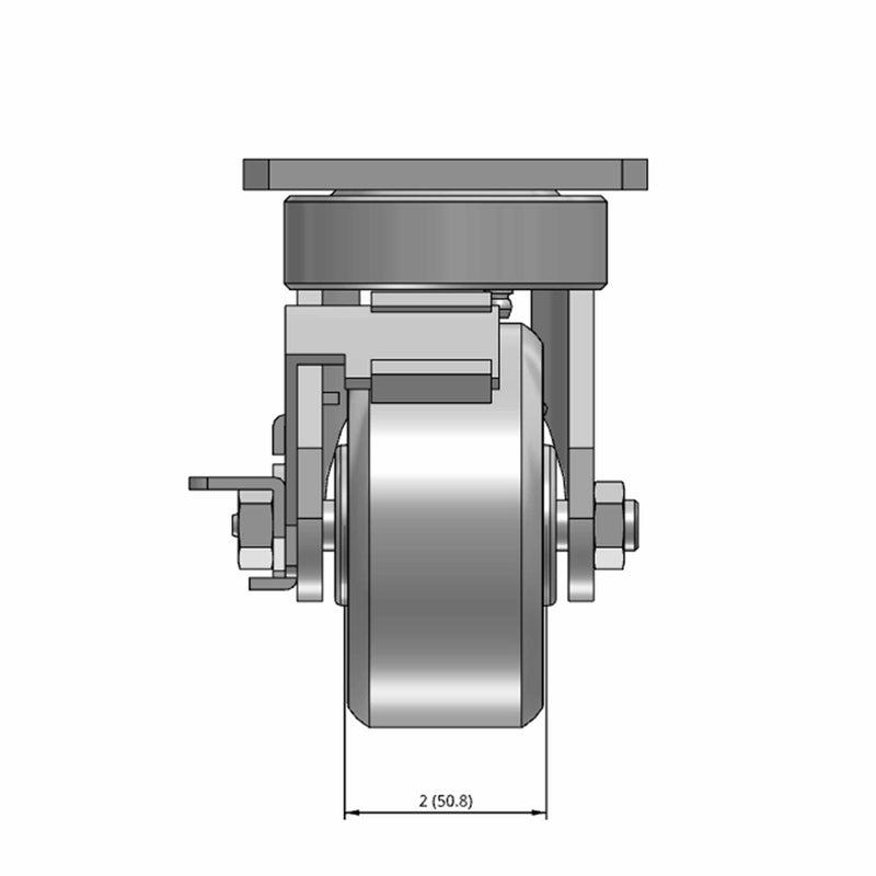 Top dimensioned CAD view of an Albion Casters 4" x 2" wide wheel Swivel caster with 4" x 4-1/2" top plate, with a side locking brake, CA - Cast Iron wheel and 1000 lb. capacity part
