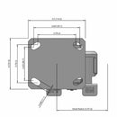 Side dimensioned CAD view of an Albion Casters 4" x 2" wide wheel Swivel caster with 4" x 4-1/2" top plate, with a side locking brake, CA - Cast Iron wheel and 1000 lb. capacity part