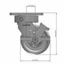 Front dimensioned CAD view of an Albion Casters 4" x 2" wide wheel Swivel caster with 4" x 4-1/2" top plate, with a side locking brake, CA - Cast Iron wheel and 1000 lb. capacity part