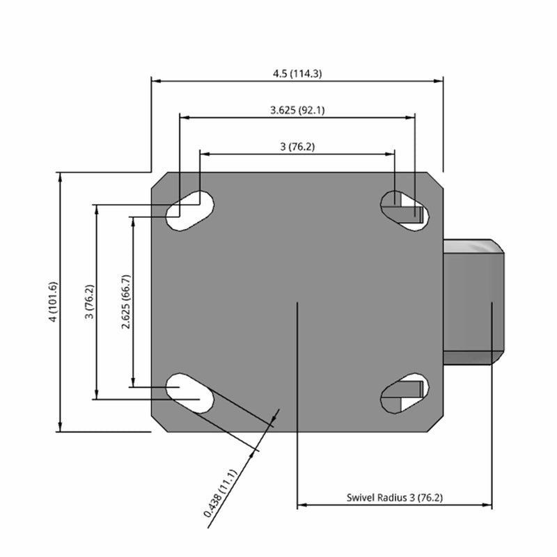 Side dimensioned CAD view of an Albion Casters 4" x 2" wide wheel Swivel caster with 4" x 4-1/2" top plate, without a brake, CA - Cast Iron wheel and 1000 lb. capacity part