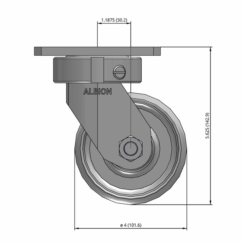 Front dimensioned CAD view of an Albion Casters 4" x 2" wide wheel Swivel caster with 4" x 4-1/2" top plate, without a brake, CA - Cast Iron wheel and 1000 lb. capacity part