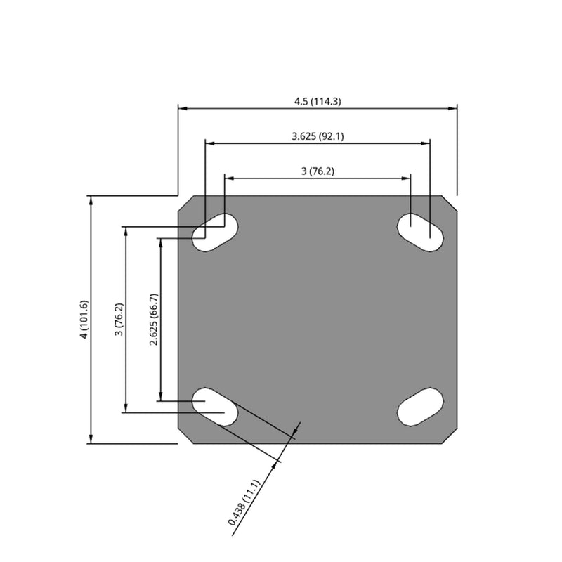 Side dimensioned CAD view of an Albion Casters 4" x 1.5" wide wheel Rigid caster with 4" x 4-1/2" top plate, without a brake, FS - Drop-Forged Steel wheel and 1400 lb. capacity part