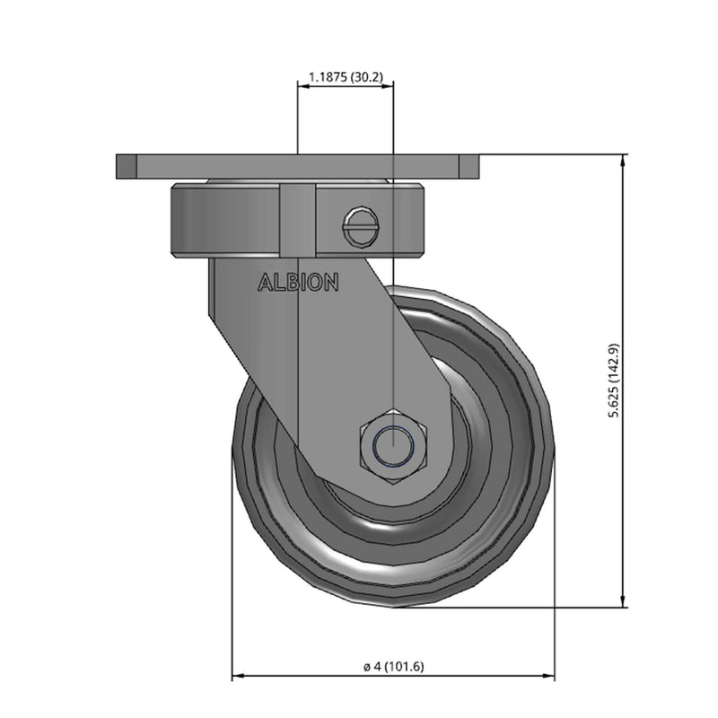 Front dimensioned CAD view of an Albion Casters 4" x 1.5" wide wheel Swivel caster with 4" x 4-1/2" top plate, without a brake, FS - Drop-Forged Steel wheel and 1400 lb. capacity part