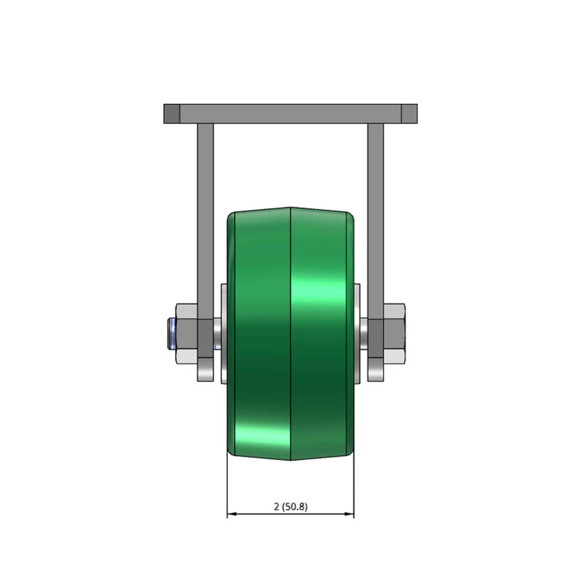 Top dimensioned CAD view of an Albion Casters 4" x 2" wide wheel Rigid caster with 4" x 4-1/2" top plate, without a brake, PD - Polyurethane (Aluminum Core) wheel and 700 lb. capacity part