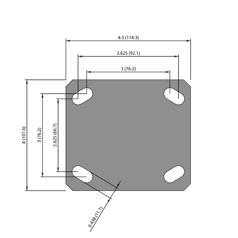 Side dimensioned CAD view of an Albion Casters 4" x 2" wide wheel Rigid caster with 4" x 4-1/2" top plate, without a brake, PD - Polyurethane (Aluminum Core) wheel and 700 lb. capacity part