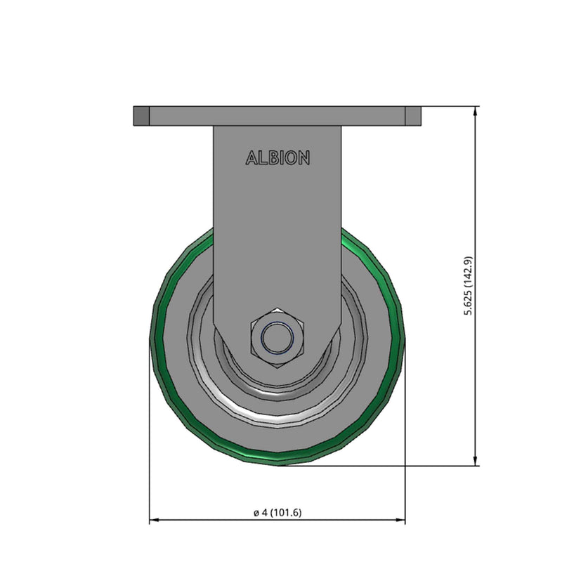 Front dimensioned CAD view of an Albion Casters 4" x 2" wide wheel Rigid caster with 4" x 4-1/2" top plate, without a brake, PD - Polyurethane (Aluminum Core) wheel and 700 lb. capacity part