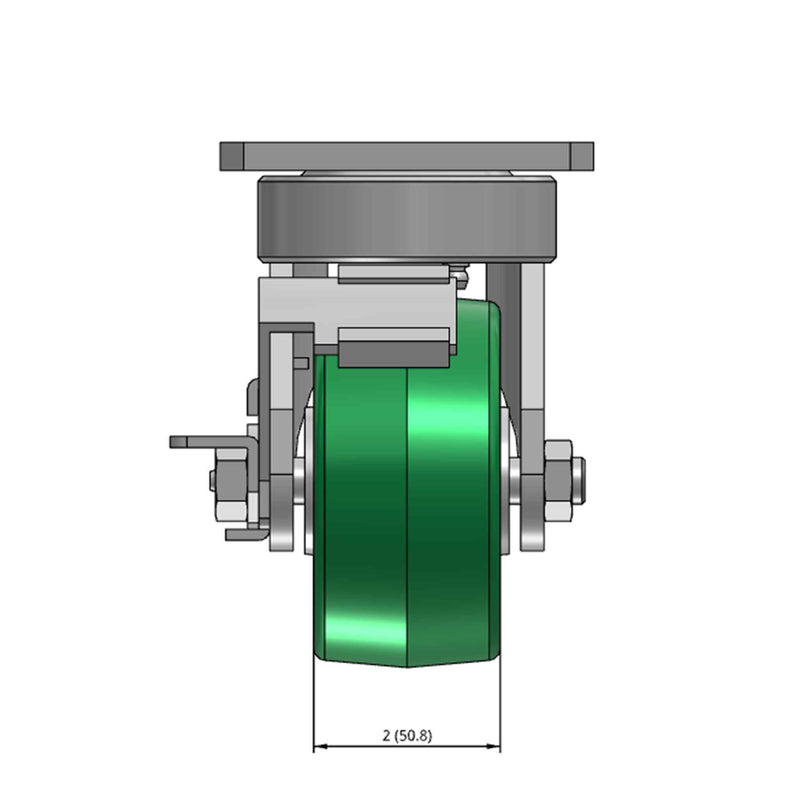 Top dimensioned CAD view of an Albion Casters 4" x 2" wide wheel Swivel caster with 4" x 4-1/2" top plate, with a side locking brake, PD - Polyurethane (Aluminum Core) wheel and 700 lb. capacity part