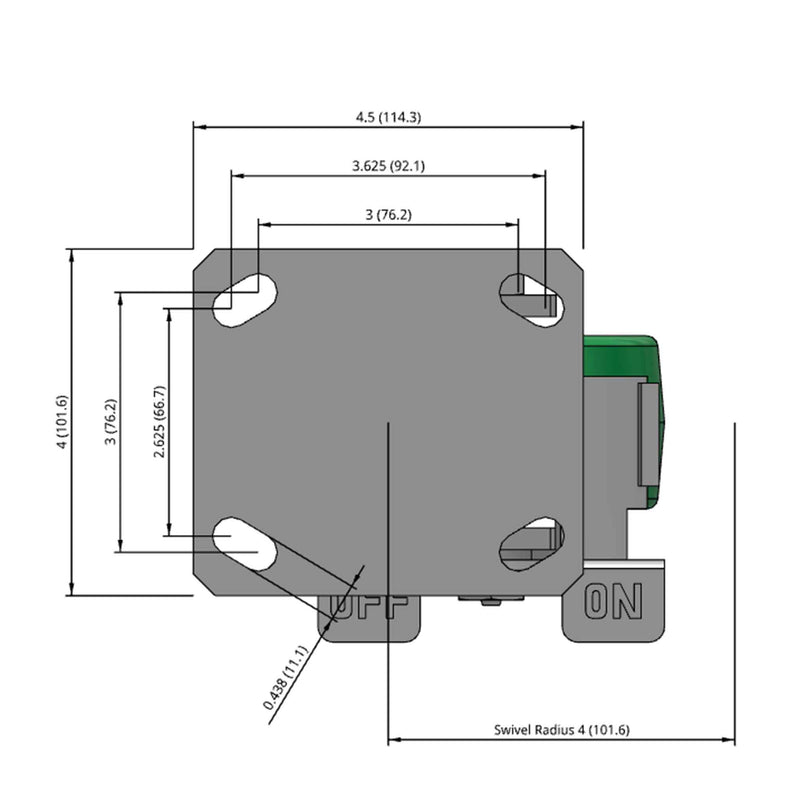 Side dimensioned CAD view of an Albion Casters 4" x 2" wide wheel Swivel caster with 4" x 4-1/2" top plate, with a side locking brake, PD - Polyurethane (Aluminum Core) wheel and 700 lb. capacity part
