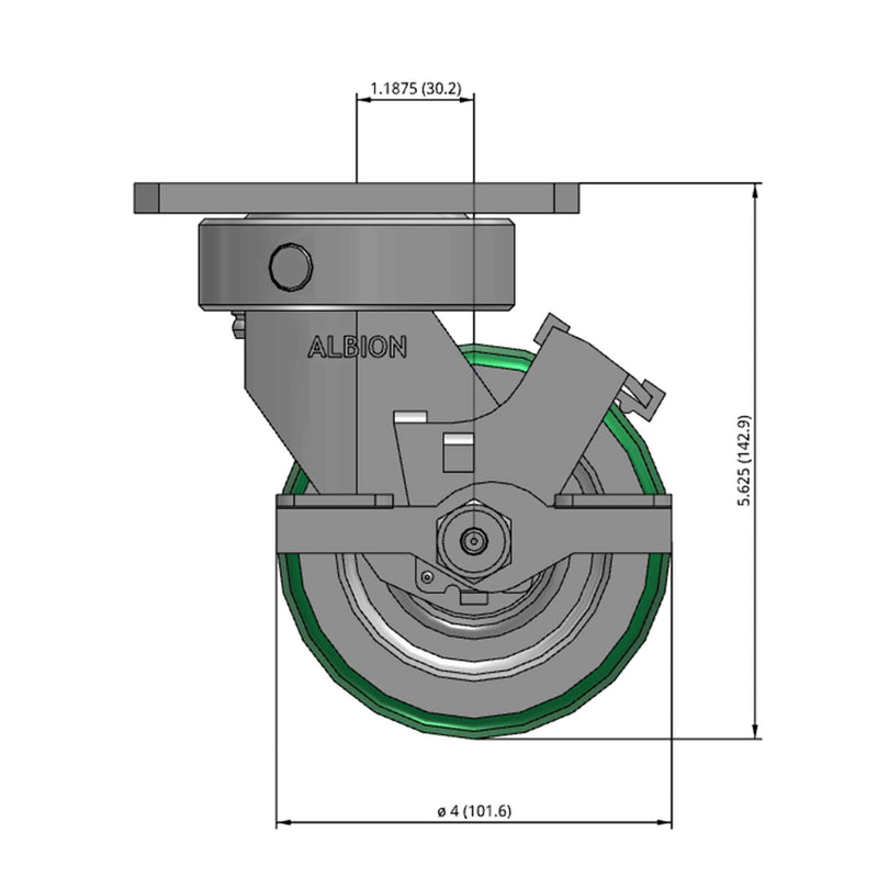 Front dimensioned CAD view of an Albion Casters 4" x 2" wide wheel Swivel caster with 4" x 4-1/2" top plate, with a side locking brake, PD - Polyurethane (Aluminum Core) wheel and 700 lb. capacity part