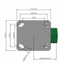 Side dimensioned CAD view of an Albion Casters 4" x 2" wide wheel Swivel caster with 4" x 4-1/2" top plate, without a brake, PD - Polyurethane (Aluminum Core) wheel and 700 lb. capacity part