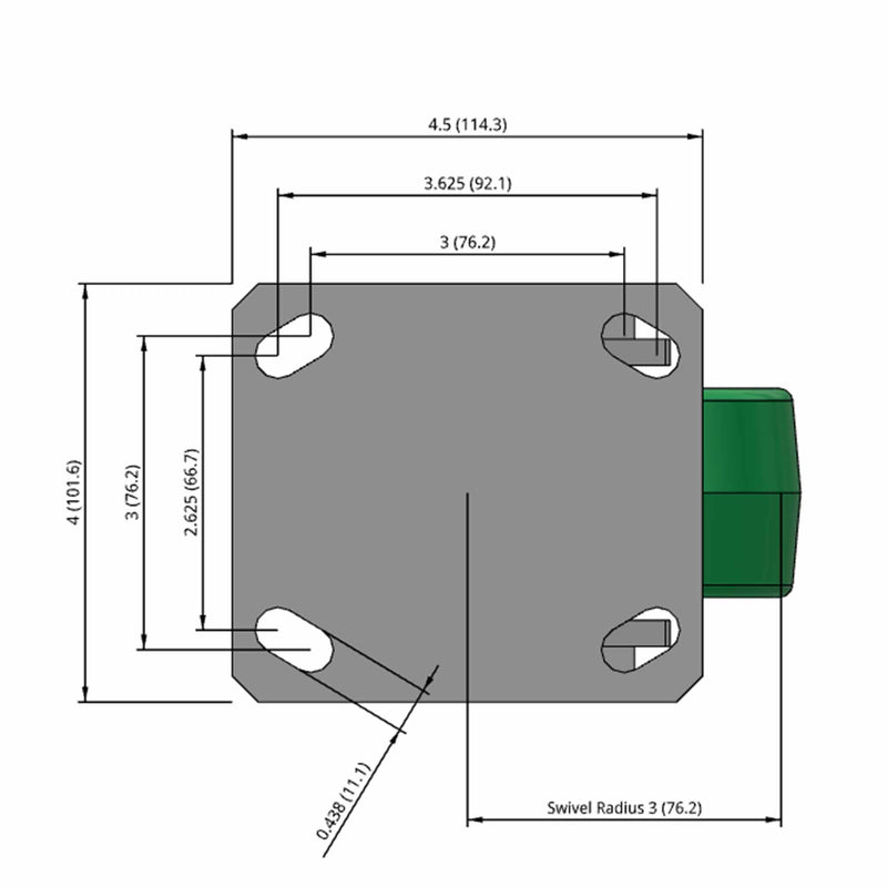 Side dimensioned CAD view of an Albion Casters 4" x 2" wide wheel Swivel caster with 4" x 4-1/2" top plate, without a brake, PD - Polyurethane (Aluminum Core) wheel and 700 lb. capacity part