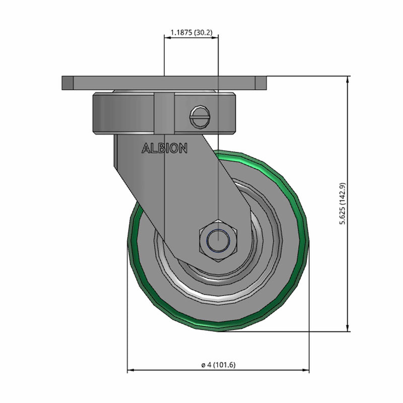 Front dimensioned CAD view of an Albion Casters 4" x 2" wide wheel Swivel caster with 4" x 4-1/2" top plate, without a brake, PD - Polyurethane (Aluminum Core) wheel and 700 lb. capacity part
