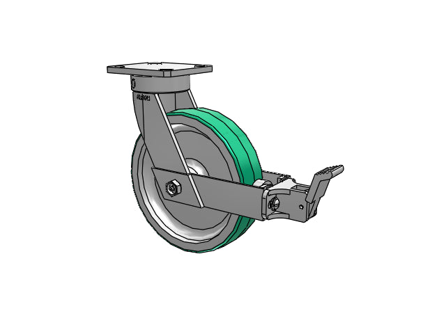 Kingpinless 8"x2" Polyurethane-on-Aluminum Caster with Face Brake and 4"x4.5" Plate