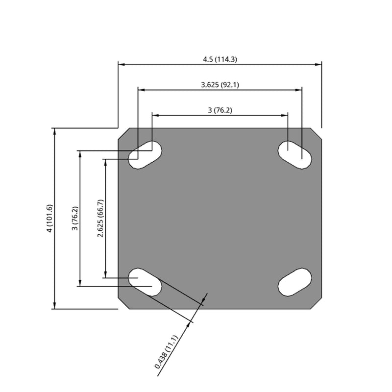Side dimensioned CAD view of an Albion Casters 4" x 2" wide wheel Rigid caster with 4" x 4-1/2" top plate, without a brake, TM - Phenolic wheel and 800 lb. capacity part