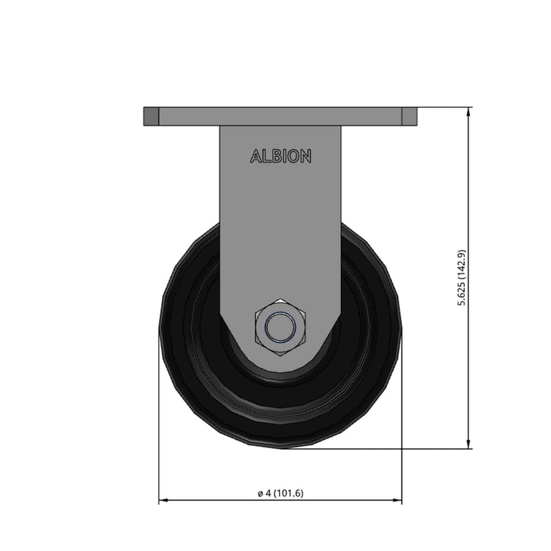 Front dimensioned CAD view of an Albion Casters 4" x 2" wide wheel Rigid caster with 4" x 4-1/2" top plate, without a brake, TM - Phenolic wheel and 800 lb. capacity part