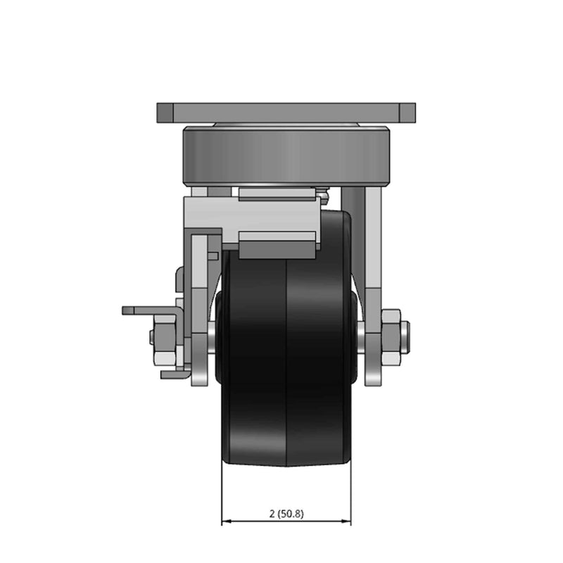 Top dimensioned CAD view of an Albion Casters 4" x 2" wide wheel Swivel caster with 4" x 4-1/2" top plate, with a side locking brake, TM - Phenolic wheel and 800 lb. capacity part
