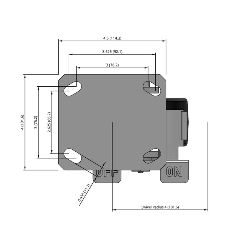 Side dimensioned CAD view of an Albion Casters 4" x 2" wide wheel Swivel caster with 4" x 4-1/2" top plate, with a side locking brake, TM - Phenolic wheel and 800 lb. capacity part