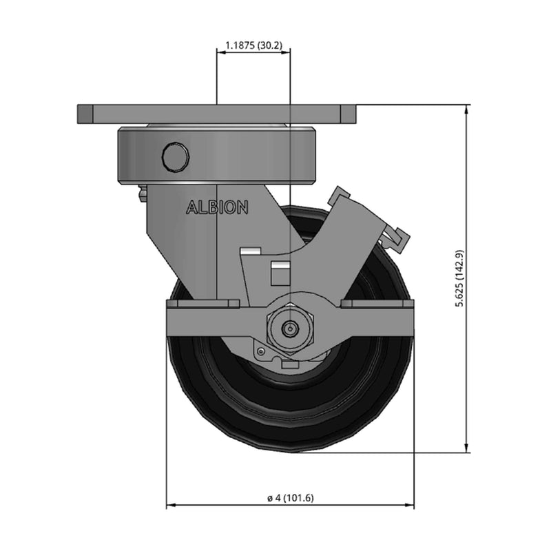 Front dimensioned CAD view of an Albion Casters 4" x 2" wide wheel Swivel caster with 4" x 4-1/2" top plate, with a side locking brake, TM - Phenolic wheel and 800 lb. capacity part