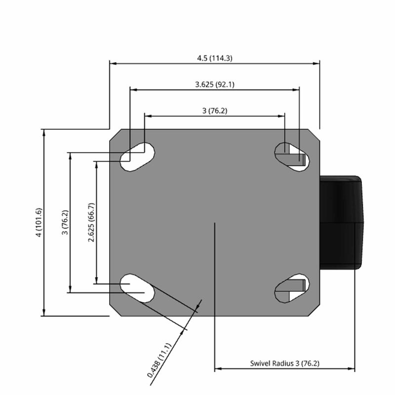 Side dimensioned CAD view of an Albion Casters 4" x 2" wide wheel Swivel caster with 4" x 4-1/2" top plate, without a brake, TM - Phenolic wheel and 800 lb. capacity part