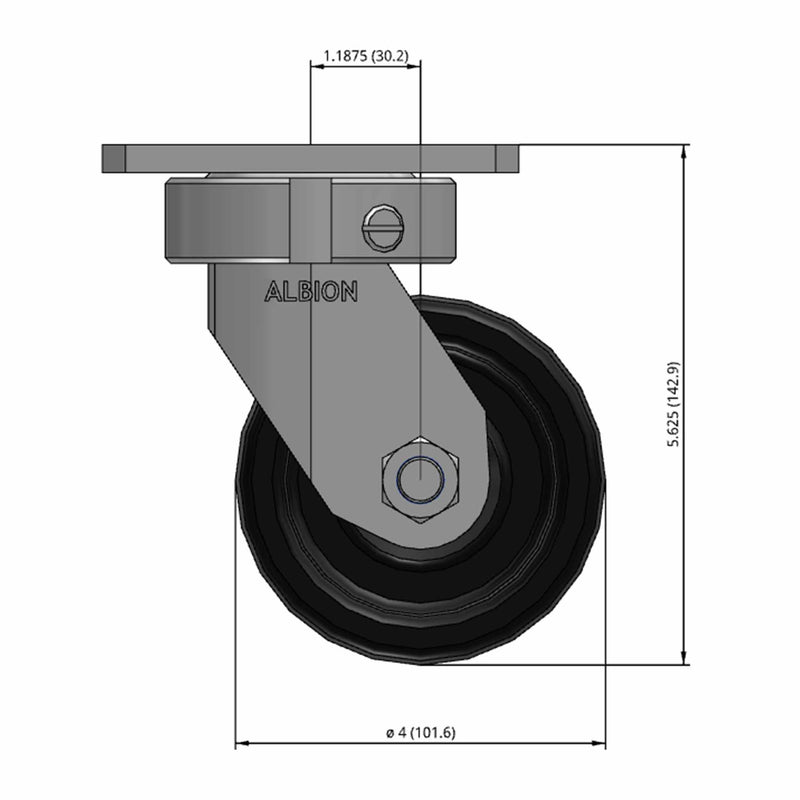 Front dimensioned CAD view of an Albion Casters 4" x 2" wide wheel Swivel caster with 4" x 4-1/2" top plate, without a brake, TM - Phenolic wheel and 800 lb. capacity part