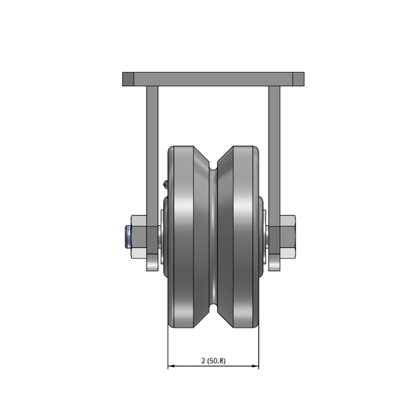 Top dimensioned CAD view of an Albion Casters 4" x 2" wide wheel Rigid caster with 4" x 4-1/2" top plate, without a brake, VG - Cast Iron V-Groove wheel and 800 lb. capacity part