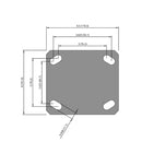 Side dimensioned CAD view of an Albion Casters 4" x 2" wide wheel Rigid caster with 4" x 4-1/2" top plate, without a brake, VG - Cast Iron V-Groove wheel and 800 lb. capacity part