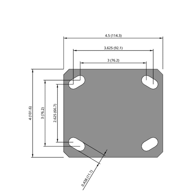 Side dimensioned CAD view of an Albion Casters 4" x 2" wide wheel Rigid caster with 4" x 4-1/2" top plate, without a brake, VG - Cast Iron V-Groove wheel and 800 lb. capacity part