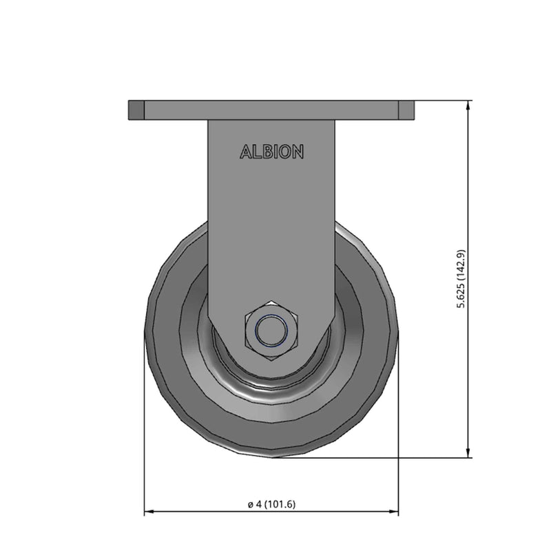 Front dimensioned CAD view of an Albion Casters 4" x 2" wide wheel Rigid caster with 4" x 4-1/2" top plate, without a brake, VG - Cast Iron V-Groove wheel and 800 lb. capacity part