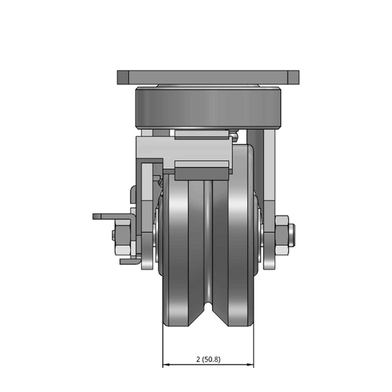 Top dimensioned CAD view of an Albion Casters 4" x 2" wide wheel Swivel caster with 4" x 4-1/2" top plate, with a side locking brake, VG - Cast Iron V-Groove wheel and 800 lb. capacity part