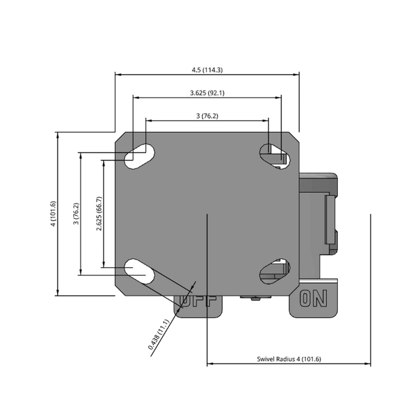 Side dimensioned CAD view of an Albion Casters 4" x 2" wide wheel Swivel caster with 4" x 4-1/2" top plate, with a side locking brake, VG - Cast Iron V-Groove wheel and 800 lb. capacity part