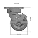 Front dimensioned CAD view of an Albion Casters 4" x 2" wide wheel Swivel caster with 4" x 4-1/2" top plate, with a side locking brake, VG - Cast Iron V-Groove wheel and 800 lb. capacity part