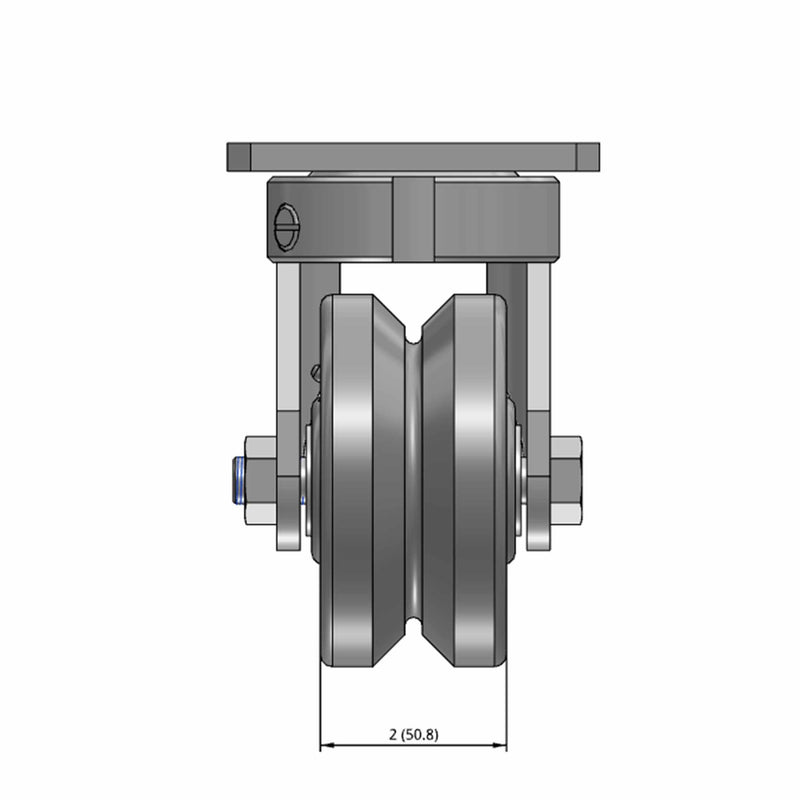 Top dimensioned CAD view of an Albion Casters 4" x 2" wide wheel Swivel caster with 4" x 4-1/2" top plate, without a brake, VG - Cast Iron V-Groove wheel and 800 lb. capacity part