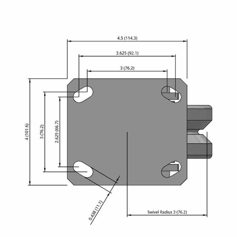 Side dimensioned CAD view of an Albion Casters 4" x 2" wide wheel Swivel caster with 4" x 4-1/2" top plate, without a brake, VG - Cast Iron V-Groove wheel and 800 lb. capacity part