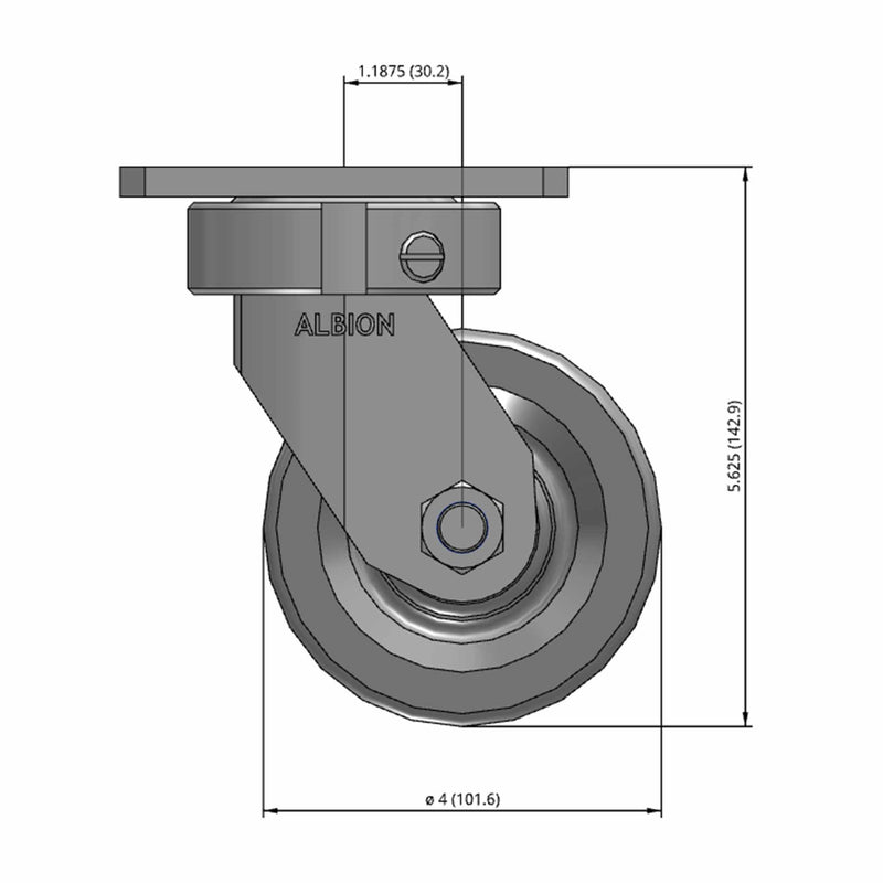 Front dimensioned CAD view of an Albion Casters 4" x 2" wide wheel Swivel caster with 4" x 4-1/2" top plate, without a brake, VG - Cast Iron V-Groove wheel and 800 lb. capacity part