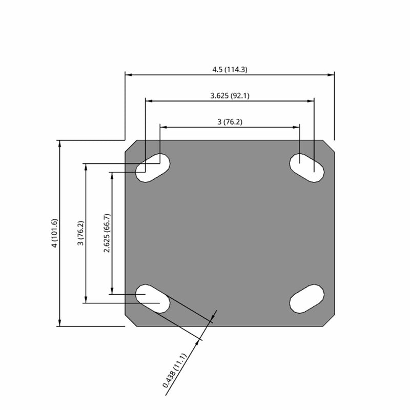 Side dimensioned CAD view of an Albion Casters 4" x 2" wide wheel Rigid caster with 4" x 4-1/2" top plate, without a brake, XS - X-tra Soft Rubber (Flat) wheel and 400 lb. capacity part