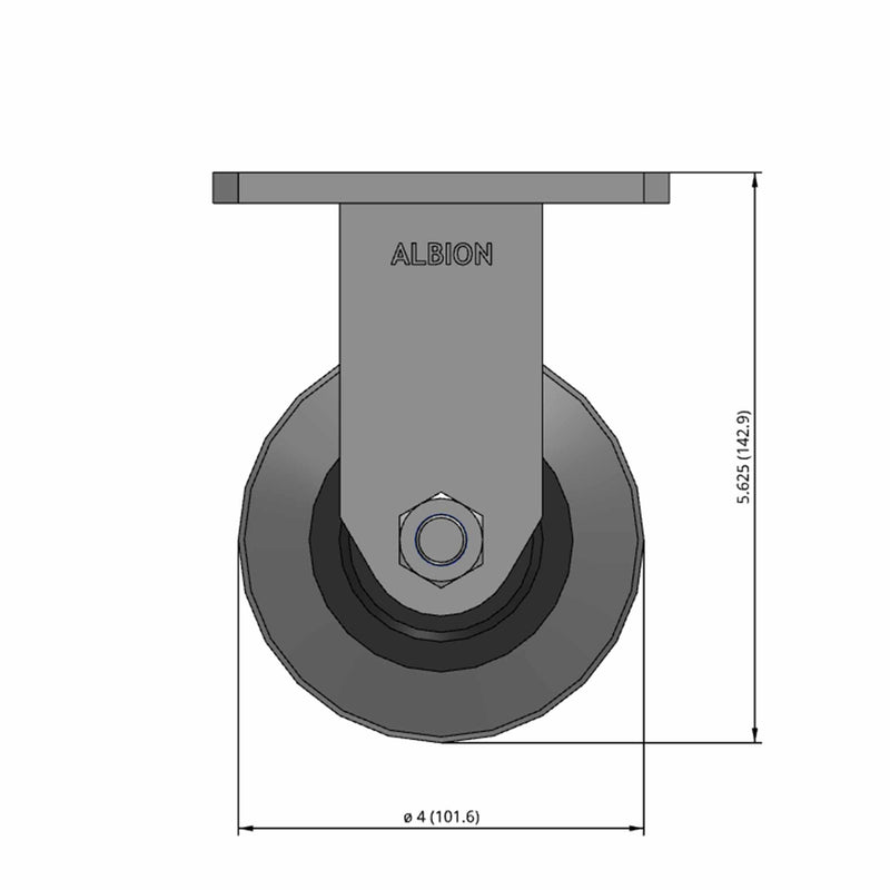 Front dimensioned CAD view of an Albion Casters 4" x 2" wide wheel Rigid caster with 4" x 4-1/2" top plate, without a brake, XS - X-tra Soft Rubber (Flat) wheel and 400 lb. capacity part