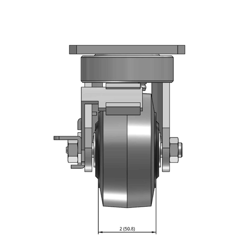 Top dimensioned CAD view of an Albion Casters 4" x 2" wide wheel Swivel caster with 4" x 4-1/2" top plate, with a side locking brake, XS - X-tra Soft Rubber (Flat) wheel and 400 lb. capacity part