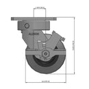 Front dimensioned CAD view of an Albion Casters 4" x 2" wide wheel Swivel caster with 4" x 4-1/2" top plate, with a side locking brake, XS - X-tra Soft Rubber (Flat) wheel and 400 lb. capacity part