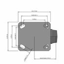 Side dimensioned CAD view of an Albion Casters 4" x 2" wide wheel Swivel caster with 4" x 4-1/2" top plate, without a brake, XS - X-tra Soft Rubber (Flat) wheel and 400 lb. capacity part