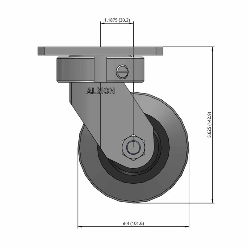Front dimensioned CAD view of an Albion Casters 4" x 2" wide wheel Swivel caster with 4" x 4-1/2" top plate, without a brake, XS - X-tra Soft Rubber (Flat) wheel and 400 lb. capacity part