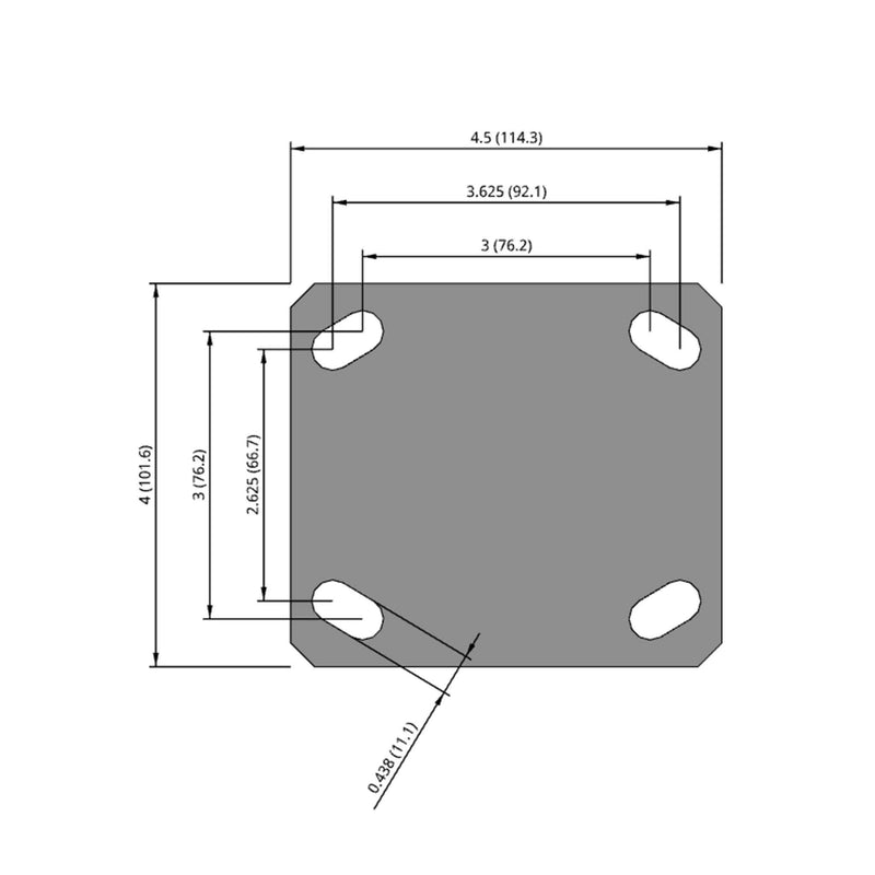 Side dimensioned CAD view of an Albion Casters 4" x 2" wide wheel Rigid caster with 4" x 4-1/2" top plate, without a brake, XS - X-tra Soft Rubber (Flat) wheel and 400 lb. capacity part