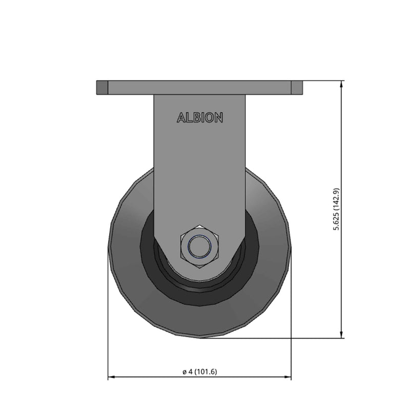 Front dimensioned CAD view of an Albion Casters 4" x 2" wide wheel Rigid caster with 4" x 4-1/2" top plate, without a brake, XS - X-tra Soft Rubber (Flat) wheel and 400 lb. capacity part