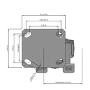 Side dimensioned CAD view of an Albion Casters 4" x 2" wide wheel Swivel caster with 4" x 4-1/2" top plate, with a side locking brake, XS - X-tra Soft Rubber (Flat) wheel and 400 lb. capacity part