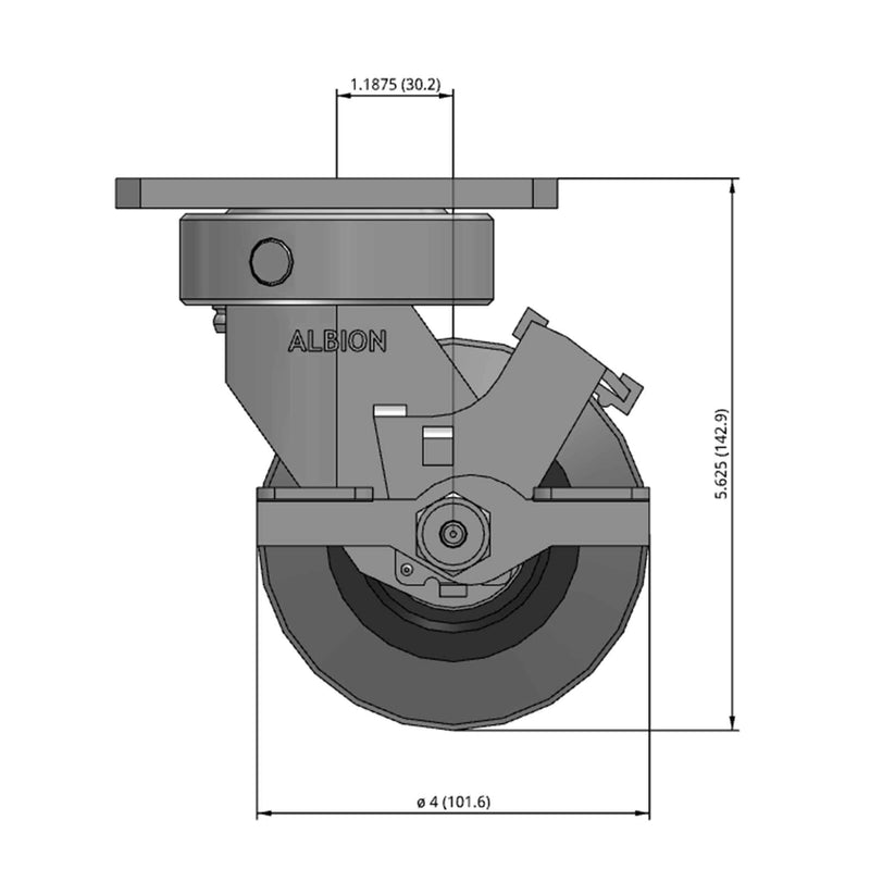 Front dimensioned CAD view of an Albion Casters 4" x 2" wide wheel Swivel caster with 4" x 4-1/2" top plate, with a side locking brake, XS - X-tra Soft Rubber (Flat) wheel and 400 lb. capacity part