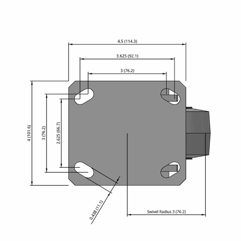Side dimensioned CAD view of an Albion Casters 4" x 2" wide wheel Swivel caster with 4" x 4-1/2" top plate, without a brake, XS - X-tra Soft Rubber (Flat) wheel and 400 lb. capacity part