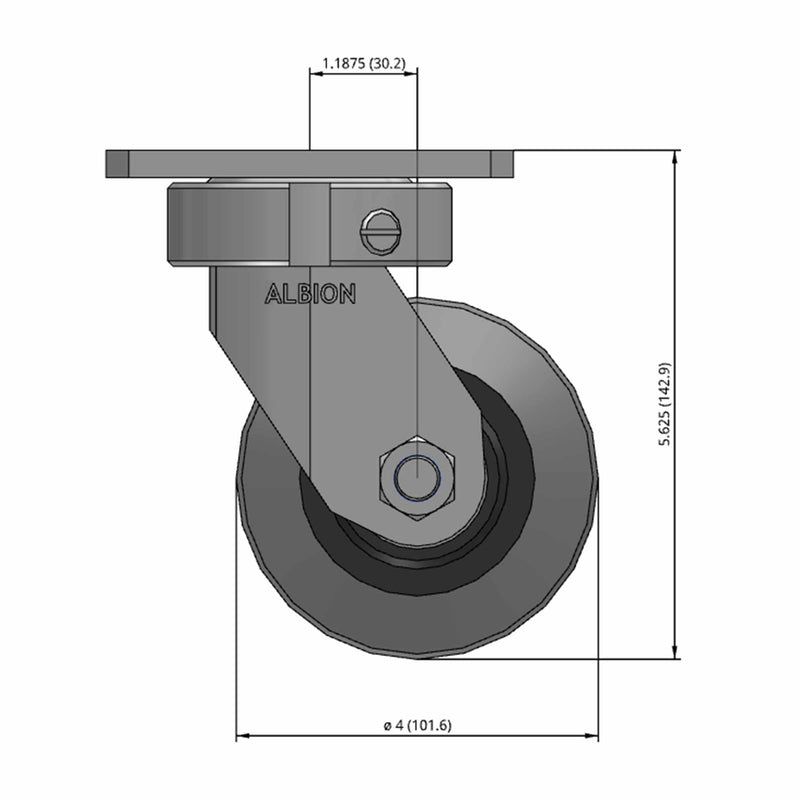 Front dimensioned CAD view of an Albion Casters 4" x 2" wide wheel Swivel caster with 4" x 4-1/2" top plate, without a brake, XS - X-tra Soft Rubber (Flat) wheel and 400 lb. capacity part