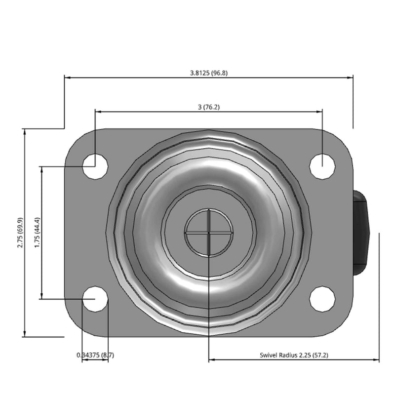 Side dimensioned CAD view of a Faultless Casters 2.5" x 1.125" wide wheel Swivel caster with 2-3/4" x 3-13/16" top plate, without a brake, Soft Rubber wheel and 100 lb. capacity part
