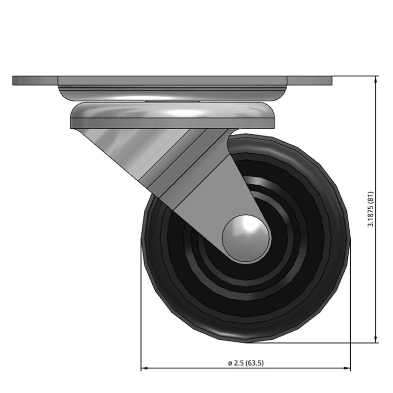 Front dimensioned CAD view of a Faultless Casters 2.5" x 1.125" wide wheel Swivel caster with 2-3/4" x 3-13/16" top plate, without a brake, Soft Rubber wheel and 100 lb. capacity part