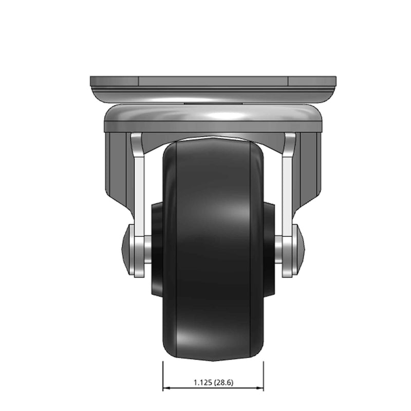 Top dimensioned CAD view of a Faultless Casters 2.5" x 1.125" wide wheel Swivel caster with 2-3/4" x 3-13/16" top plate, without a brake, Soft Rubber wheel and 100 lb. capacity part