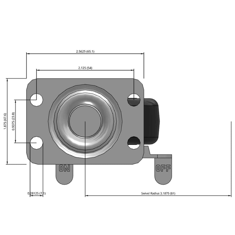 Side dimensioned CAD view of a Faultless Casters 2" x 1" wide wheel Swivel caster with 1-7/8" x 2-9/16" top plate, with a side locking brake, Soft Rubber wheel and 90 lb. capacity part